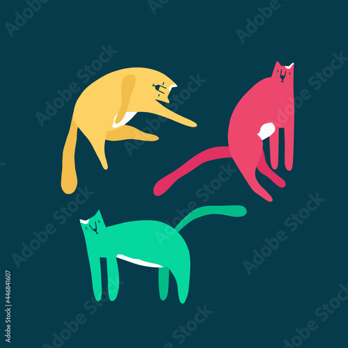 Set of three cute original trendy cats sitting, sleeping, walking. Vector illustration isolated on dark background in modern style. Perfect for cards, posters, print