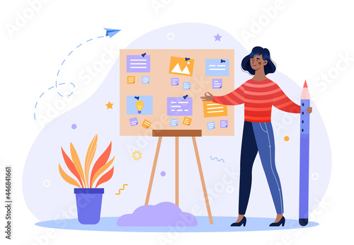 Concept of successful task completion. Woman next to the blackboard correctly organizes working hours. Effective work planning, time management. Cartoon flat vector illustration on a white background