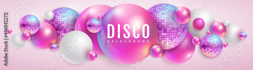 3D abstract background with holographic pink spheres and disco ball spheres. Disco ball background. Disco party poster. Vector illustration