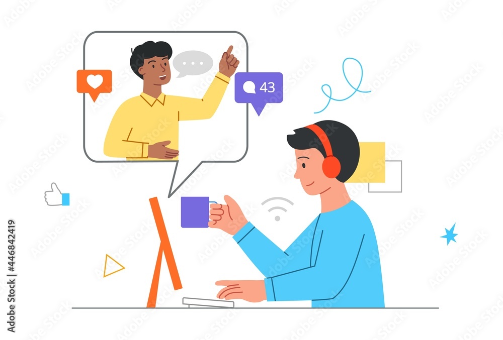 Popular blogger concept. Potential product consumer following influencer advice. Man watching video. Online engagement communication business, influence marketing. Cartoon flat vector illustration