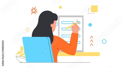 Checklist with tasks concept. Woman sits at a table and puts a check mark on her to do list. Improving personal efficiency and time management. Cartoon flat vector illustration on a white background