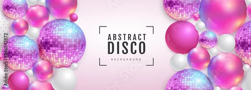 Obraz 3D abstract background with holographic pink spheres and disco ball spheres. Disco ball background. Disco party poster. Vector illustration