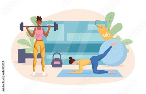 Sports training concept. Two women are engaged fitness in the gym. Discount on the subscription. Sports equipment, dumbbells, barbell. Cartoon flat vector illustration isolated on a white background