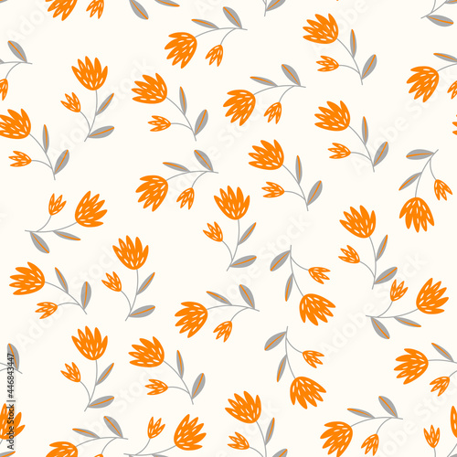 Seamless floral pattern based on traditional folk art ornaments. Colorful flowers on light background. Scandinavian style. Sweden nordic style. Vector illustration. Simple minimalistic pattern