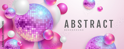 3D abstract background with holographic pink spheres and disco ball spheres. Disco ball background. Disco party poster. Vector illustration photo