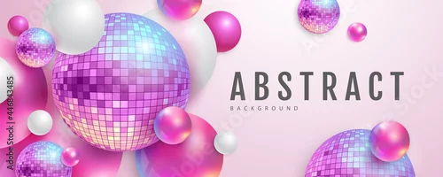 Fototapeta samoprzylepna 3D abstract background with holographic pink spheres and disco ball spheres. Disco ball background. Disco party poster. Vector illustration