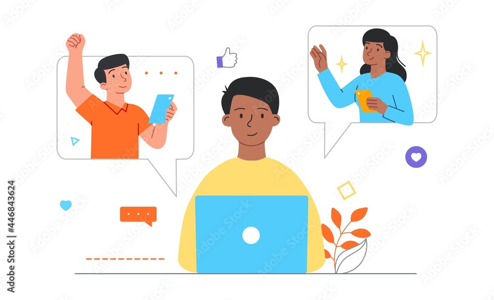 Internet communication concept. Man communicates with a friend and girlfriend on social networks. Notification of a new message. Cartoon flat vector illustration isolated on a white background Internet communication concept. Man communicates with a friend and girlfriend on social networks. Notification of a new message. Cartoon flat vector illustration isolated on a white background