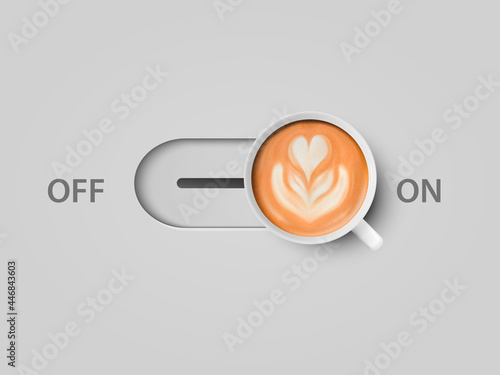 Vector 3d Realistic Off, On Switch with Milk Foam Coffee in White Ceramic, Porcelain Coffee Mug. Capuccino, Latte, Flower Pattern. Concept Creative Banner with Coffee Cup. Design Template. Top View