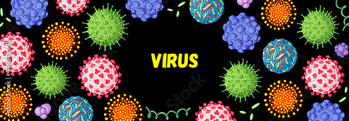 Different kinds of virus collection. Hand drawn illustration. Respiratory virus infection. Corona virus. Coronavirus 2019-nCoV and other viruses. Macro drawing.