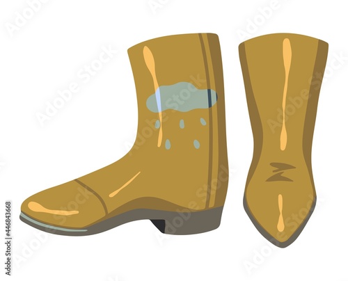 Rubber boots. Autumn and spring accessory. Hand drawn vector illustration. Colored cartoon doodle of shoes. Single drawing isolated on white. Element for design, print, sticker, card, decor, wrap.