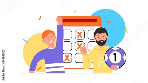 Winning the lottery concept. Men check their lottery ticket and rejoice at the coincidences. Online drawing. Try your luck. Cartoon modern flat vector illustration isolated on a white background