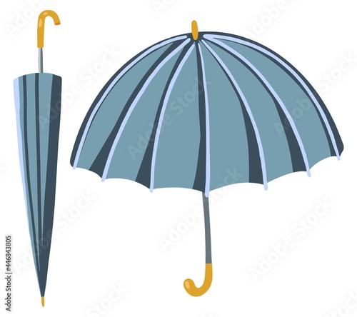 Folded and open umbrella. Hand drawn vector stock illustration. Colored cartoon doodle of rain accessory. Single drawing isolated on white. Element for design, print, sticker, card, decoration, wrap.