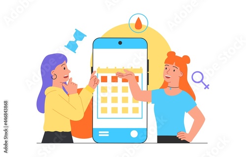 Menstruation cycle calendar concept. Girls celebrate the days of the cycle in a large smartphone. Attention to women s health. Cartoon flat vector illustration isolated on a white background