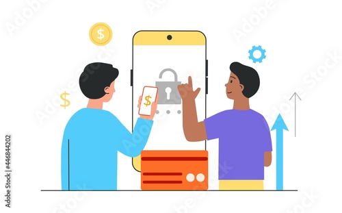 Online banking concept. Secure payments and e-wallet. User holding login and password page. Men enter the mobile bank on the phone. Cartoon flat vector illustration isolated on a white background