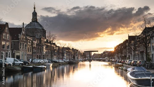 Canal In Leiden, The Netherlands, During Sunset Timelapse photo