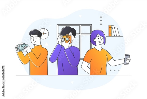 Photographer profession concept. Men and woman take photos and selfies on the camera, camera and phone. Professional skills. Cartoon doodle flat vector illustration isolated on a white background