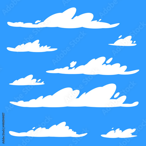 Vector set of white clouds. Cartoon flat style clouds isolated on blue sky. Cloudscape in blue sky  white cloud illustration.