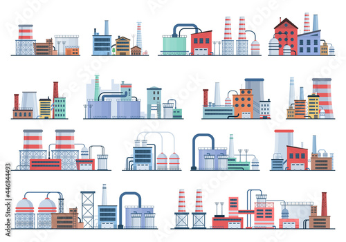 Set of factory industry buildings, flat icons.