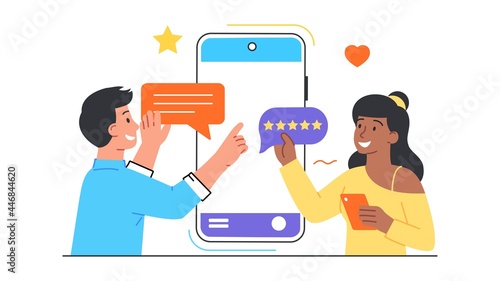 Popular application concept. People use the best program on their phone. Woman leaves a review, puts a rating and smiles. Cartoon doodle flat vector illustration isolated on a white background