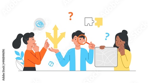Problem solving concept. Characters are confused. Search for the right solutions. Brainstorming and generating new ideas. Cartoon doodle flat vector illustration isolated on a white background