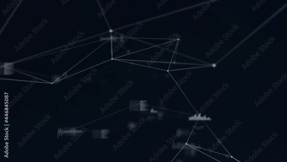 Digital animation of network of connections and data processing against black background Digital animation of network of connections and data processing against black background