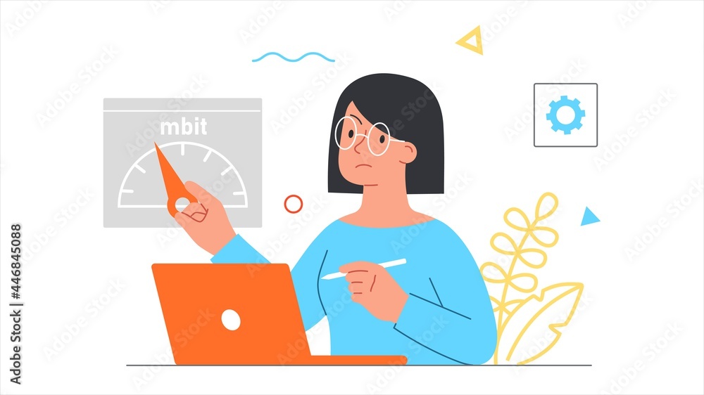 Slow loading concept. Woman points to the Internet speed indicator. Signal is low. Reduced work efficiency. Expectation. Cartoon doodle flat vector illustration isolated on a white background Slow loading concept. Woman points to the Internet speed indicator. Signal is low. Reduced work efficiency. Expectation. Cartoon doodle flat vector illustration isolated on a white background