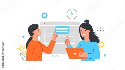 Screen interface concept. Two women are developing the program interface. Effective teamwork. Computer monitor with an image. Cartoon doodle flat vector illustration isolated on a white background