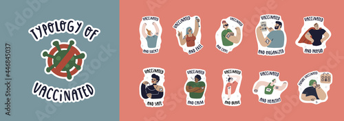 A set of characters vaccinated against covid with different emotions - pride, joy, luck, health, freedom. People of different ages and nationalities - young, old, afro, europeans, asians.
