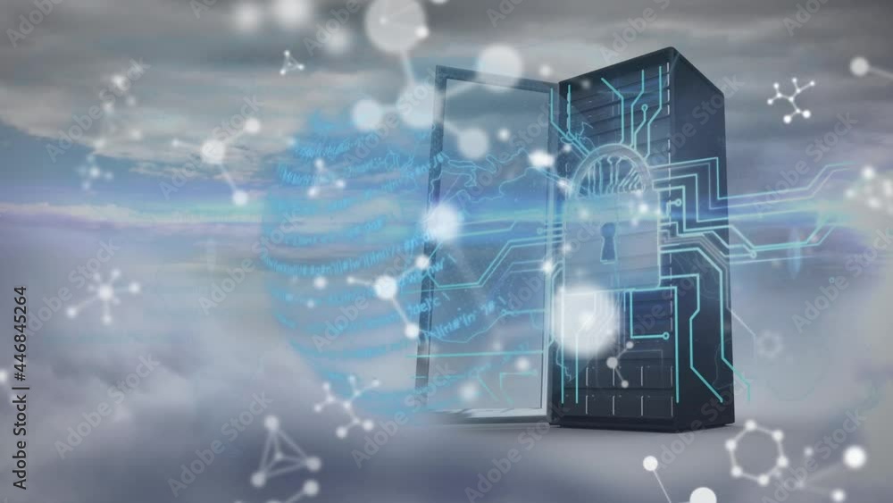 Molecular structures floating over security padlock icon on computer server against clouds in sky Molecular structures floating over security padlock icon on computer server against clouds in sky