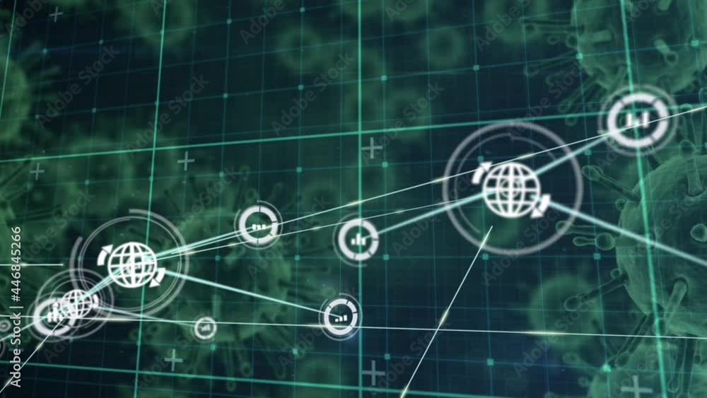 Network of digital icons over grid network against multiple covid-19 cells on black background Network of digital icons over grid network against multiple covid-19 cells on black background
