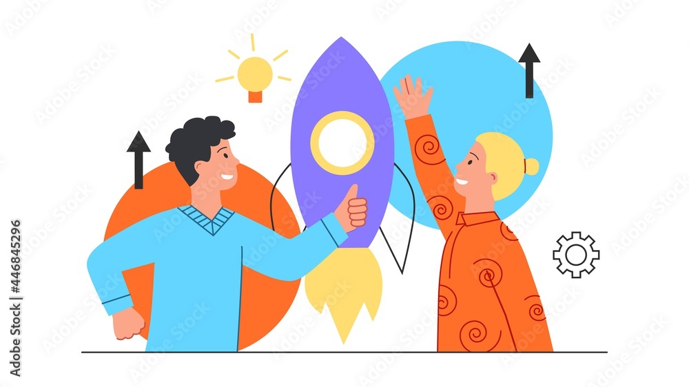 Startup project concept. Man and woman launch a rocket into space. Metaphor for opening a new business. Successful development of the company. Cartoon flat vector illustration on a white background Startup project concept. Man and woman launch a rocket into space. Metaphor for opening a new business. Successful development of the company. Cartoon flat vector illustration on a white background