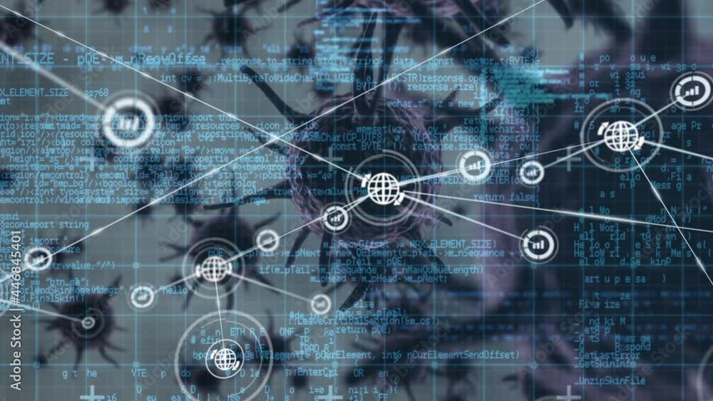 Network of digital icons and data processing against multiple covid-19 cells on grey background Network of digital icons and data processing against multiple covid-19 cells on grey background