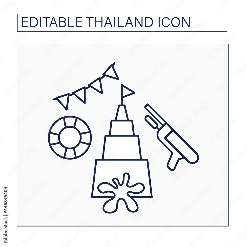 Songkran line icon. Traditional festival dedicated to New Year celebration.Water Splashing event. Culture occasion. Thailand concept. Isolated vector illustration. Editable stroke Songkran line icon. Traditional festival dedicated to New Year celebration.Water Splashing event. Culture occasion. Thailand concept. Isolated vector illustration. Editable stroke