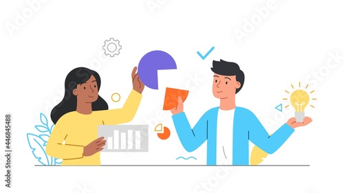 Effective teamwork concept. Employees of the company study statistics and come up with ideas for a marketing strategy. Business development. Cartoon flat vector illustration on a white background