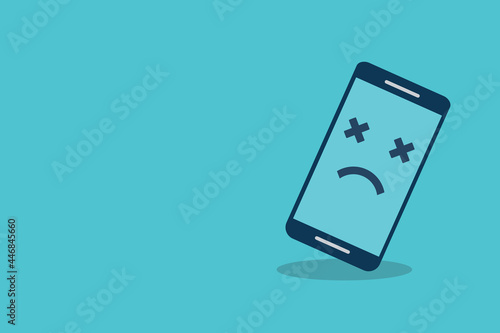Broken smartphone with sad smile. Broken phone service, recovery and repair concept, symbol top view copyspace.