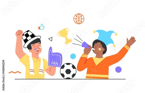 Football fans concept. Boys celebrate the victory of their favorite football team. Sports championship. Watching the match on TV. Cartoon flat vector illustration isolated on a white background