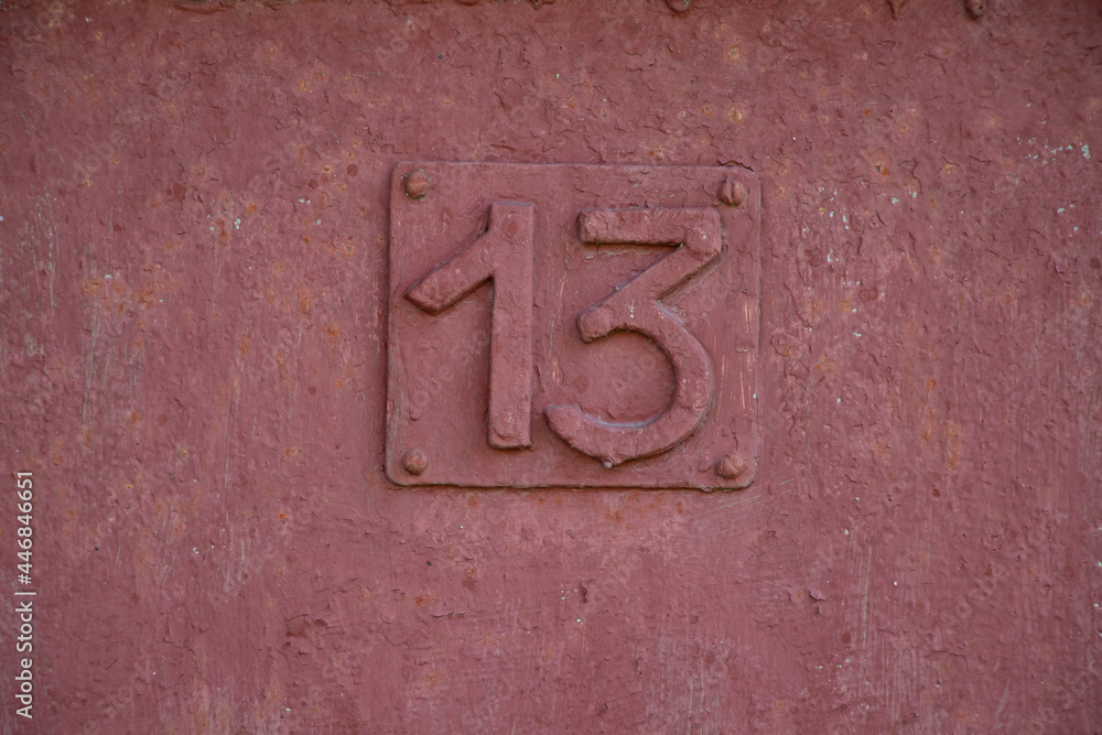 number thirteen on the door of an old house door, 13, number 13 - obrazy, fototapety, plakaty 