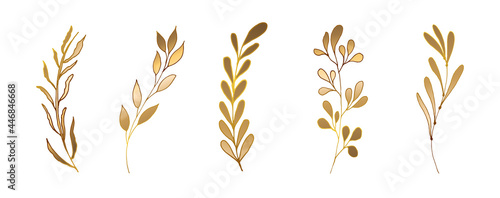 Set of silhouettes of golden branches with leaves. Set in a modern minimalistic style. On white background. Vector file