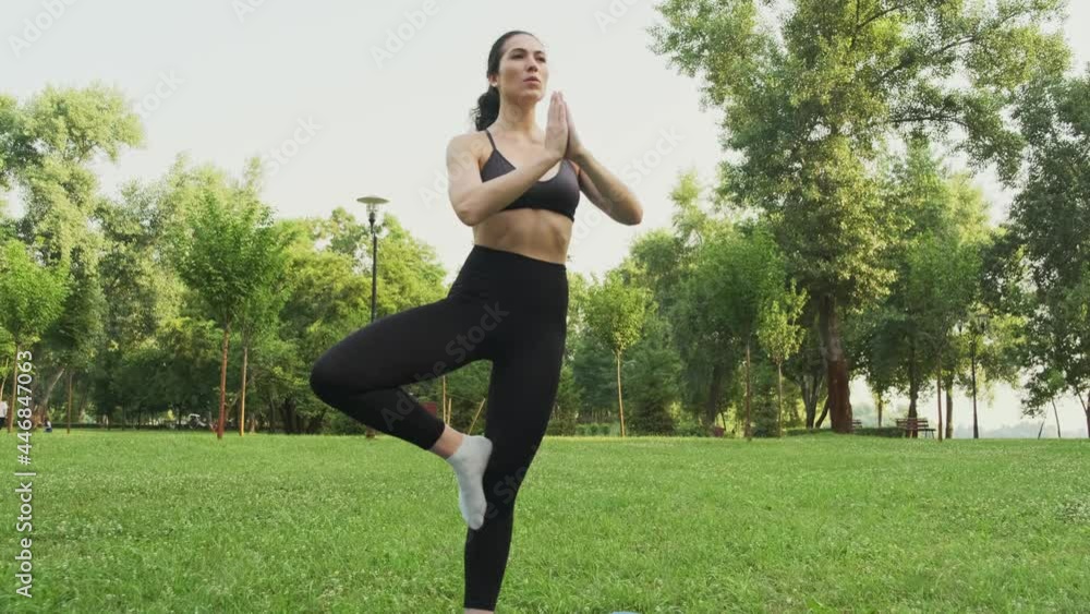 Young fit woman practicing Vrksasana pose yoga in park at sunset. Pretty girl doing yoga exercises outdoors Young fit woman practicing Vrksasana pose yoga in park at sunset. Pretty girl doing yoga exercises outdoors