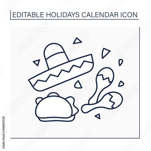 Cinco de mayo line icon.Mexican unity celebration. Traditional food, dance and suits. Holidays calendar concept. Isolated vector illustration. Editable stroke