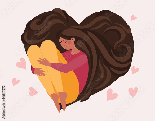 Cute girl with heart shaped long hair concept. Happy girl loves herself and her body. Body positive and self care. International Women day. Cartoon flat vector illustration on a pink background
