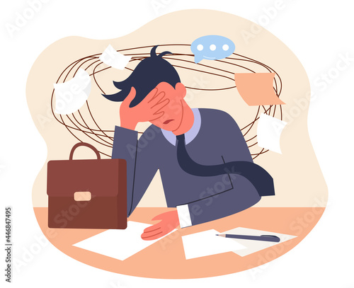 Frustration swirl concept. Emotional burnout and depression from hard work. Character has mental problems. Tired office worker. Cartoon modern flat vector illustration isolated on a white background