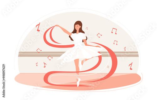 Girl doing dance concept. Woman with a ribbon in a tutu turns pirouettes. Beautiful choreography to classical music. Ballettstudio. Cartoon flat vector illustration isolated on a white background