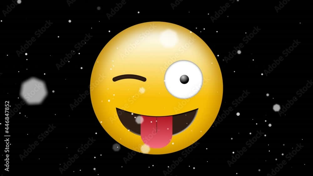 Animation of smile emoji icon over falling white spots on black background Animation of smile emoji icon over falling white spots on black background