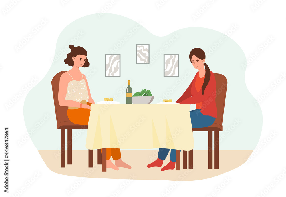 Healthy food concept. Two women are sitting at a table and eating healthy vegetables. Full fledged food products in terms of composition. Comfortable digestion. Cartoon flat vector illustration Healthy food concept. Two women are sitting at a table and eating healthy vegetables. Full fledged food products in terms of composition. Comfortable digestion. Cartoon flat vector illustration
