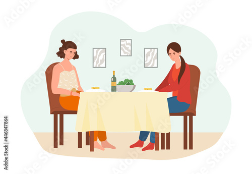 Healthy food concept. Two women are sitting at a table and eating healthy vegetables. Full fledged food products in terms of composition. Comfortable digestion. Cartoon flat vector illustration