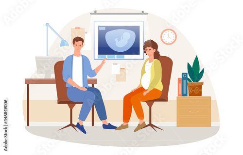 Pregnancy and childbirth concept. Pregnant woman at a doctor s appointment. Ultrasound examination. Maternal and fetal health. Cartoon flat vector illustration isolated on a white background