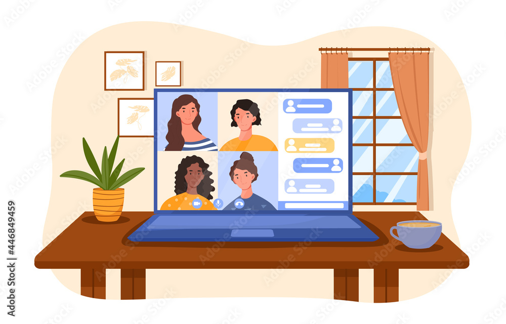 Fototapeta premium Stay and work from home concept. Video conference. Workplace, laptop screen, group of people talking by internet. Remote work. Cartoon modern flat vector illustration isolated on a white background