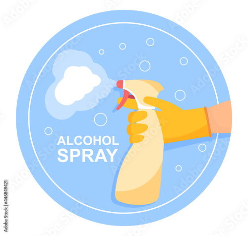 Spraying Anti-Bacterial Sanitizer Spray concept. Woman in glove treats surfaces with an antibacterial agent. Prevention of coronavirus. Cartoon flat vector illustration isolated on a white background