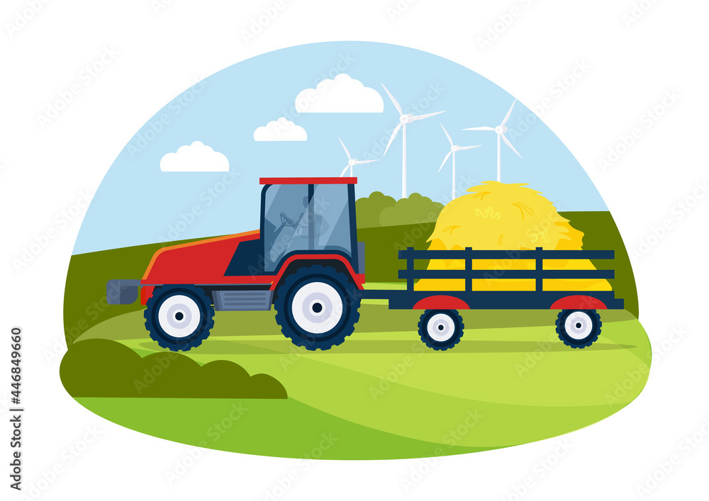Naklejka premium Tractor in the field concept. Industrial equipment collects and transports wheat. Work on the farm. Bright colors landscape. Cartoon modern flat vector illustration isolated on a white background